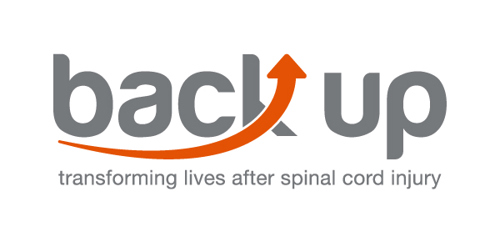 Logo for 'Back Up'. Grey text reads 'Back up', with an orange arrow forming part of the letter 'k'. Under the title, smaller text reads "transforming lives after spinal cord injury"